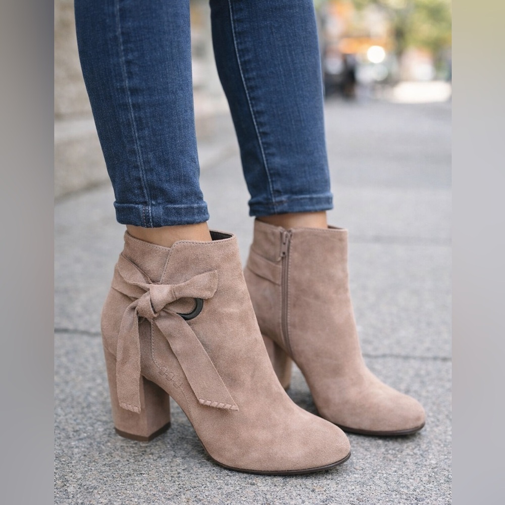 Sole Society Suede Ankle Boots Taupe Block Heel Bow Detail Women’s Size 9